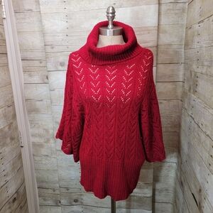 Women's Open Knit Red Turtleneck Sweater